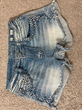 Miss Me Faded Light Blue Denim Shorts with Braided Trim